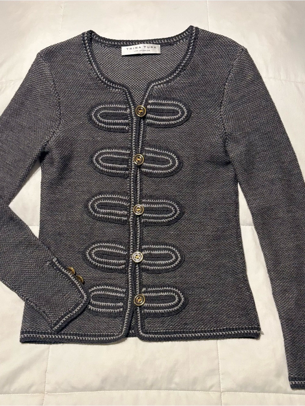 Trina Turk 100% wool Charcoal Gray Braided-Trim Button Cardigan